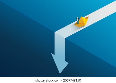 Business crisis situation Run out of ways to solve problems.
Businessman on a paper boat on the arrowhead path is about to fall off a cliff. economic and financial crisis. isometric vector image.