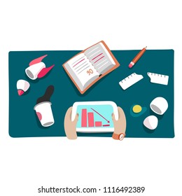 Business crisis or startup crash vector illustration of financial fail and market fall and loss bankruptcy. Flat concept of broken rocket, egg or stationery and spilled coffee on businessman table