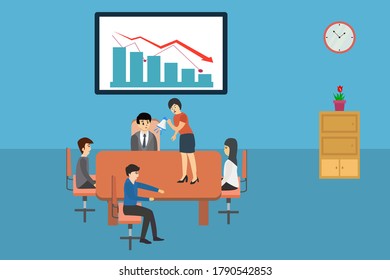 Business crisis vector concept: Angry business manager standing on the table while yelling at her employees in the meeting room