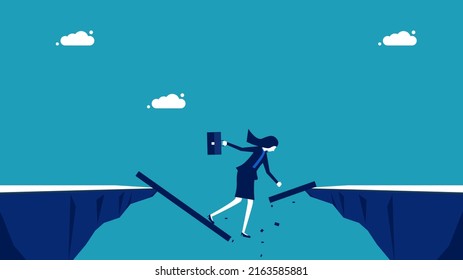 Business crisis. A business woman falls off a broken bridge. business concept vector 