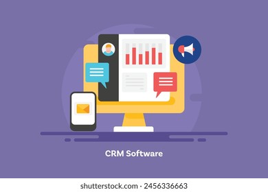 Business CRM software, Customer relationship management, Sales CRM, CRM business app - vector illustration banner with icons