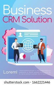 Business CRM solution poster flat vector template. Collaboration and teamwork. Brochure, booklet one page concept design with cartoon characters. Smiling employees with laptops flyer, leaflet