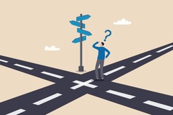 Business Crossroads, Finding Solution Or Direction For Success, Confusion Or What Next Challenge, Opportunity Choice Or Alternative Concept, Confused Businessman At The Crossroads Thinking Way To Go.