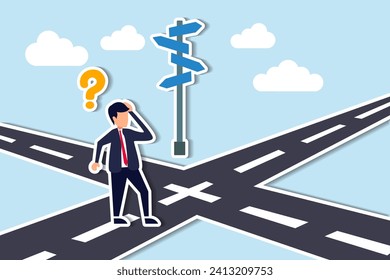 Cruces de negocios, encontrar solución o dirección para el éxito, confusión o qué próximo desafío, elección de oportunidad o concepto alternativo, confundido empresario en la encrucijada pensando en el camino a seguir.