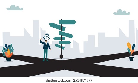 Business crossroads, finding solution or direction for success, confusion or what next challenge, opportunity choice or alternative concept, confused businessman at the crossroads thinking way to go.