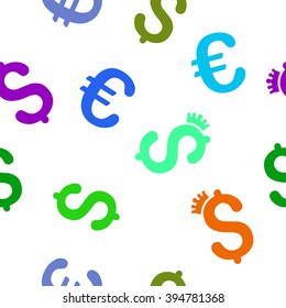 Business Crown vector repeatable pattern with dollar and euro currency symbols. Style is flat colored icons on a white background.