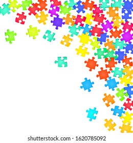 Business crux jigsaw puzzle rainbow colors parts vector illustration. Scatter of puzzle pieces isolated on white. Strategy abstract concept. Kids building kit pattern.