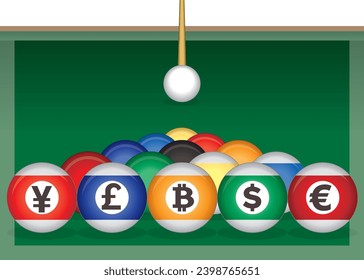 business cue ball aimed to hit billiard balls with different currency symbols on green billiards table svg