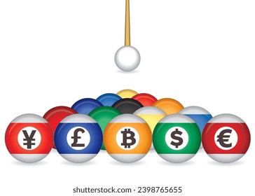 business cue ball aimed to hit billiard balls with different currency symbols isolated on a white background svg