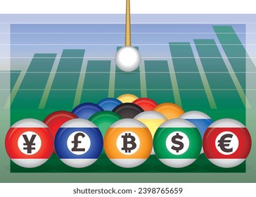 business cue ball aimed to hit billiard balls with different currency symbols bar graph in perspective blending into billiard table svg