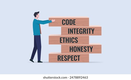 Business culture and code of conducts concept with wooden blocks with words code, integrity, ethics, honesty and respect. 