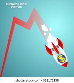 business currency symbol on rocket ship illustration ( down icon )