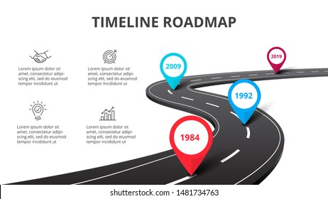 Business curved road map timeline infographic with pointers. Creative concept with 4 options, parts, steps or processes.