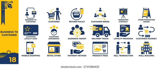 Conjunto de iconos de procesos B2C de negocio a Cliente que muestran la estrategia de marketing del recorrido del Cliente Fidelidad Flujo de trabajo de comercio electrónico y minorista