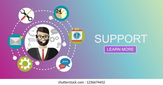 Business customer care service concept flat icons set of contact us support help desk phone call and website click for infographics design web elements vector illustration.