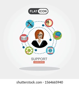 Business customer care service concept flat icons set of contact us support help desk phone call and website click for infographics design web elements vector illustration.