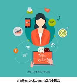 Business customer care service concept flat icons. Feedback. Woman with icons. Vector illustration