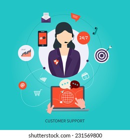 Business customer care service concept flat icons. Feedback. Woman with icons. Vector illustration