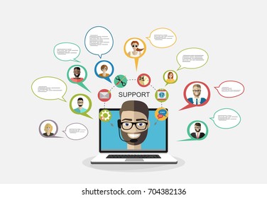 Business customer care service concept flat icons set of contact us support help desk phone call and website click for infographics design web elements vector illustration.