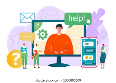 Business customer help service, vector illustration. Online support assistant man wearing headset at call center and smartphone. Assistance chat with client. Internet phone hotline help for people.