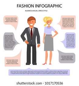 Business Cusual dress style infographic. Man and woman isolated on white background with speech bubbles. Vector illustration of people in formal clothes.