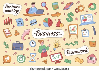 Business cute stickers set in flat cartoon design. Collection of teamwork, target, financial analysis, briefcase, calculator, work and other. Vector illustration for planner or organizer template