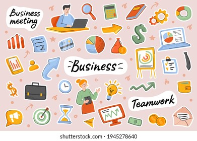 Business cute stickers template set. Bundle of teamwork, successful businessman and businesswoman, profit growth, investment symbols. Scrapbooking elements. Vector illustration in flat cartoon design