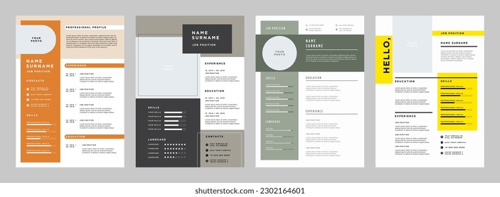 Business CV template. Minimalistic resume layout with work experience, education and skills fields vector set of minimalist elegant layout illustration