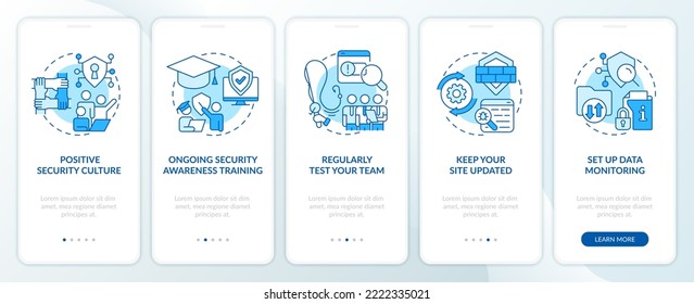 Business cybersecurity tips blue onboarding mobile app screen. Safety walkthrough 5 steps editable graphic instructions with linear concepts. UI, UX, GUI template. Myriad Pro-Bold, Regular fonts used