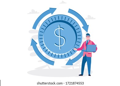 	
Business cycle, coin with arrow and businessman with laptop. Vector illustration for web banner, infographics, mobile. 