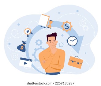 Business cycle concept. Man with icons, metaphor for organizing efficient workflow. Talented and hardworking employee or entrepreneur, success and development. Cartoon flat vector illustration