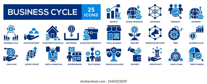 Business cycle icon collection set. Containing expansion, recession, financial, economic, investment, growth icon. 