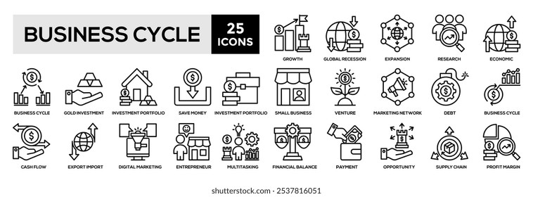 Conjunto de colecciones de íconos de ciclo comercial. Contiene expansión, recesión, financiero, económico, inversión, ícono de crecimiento. Ilustración vectorial de línea simple.