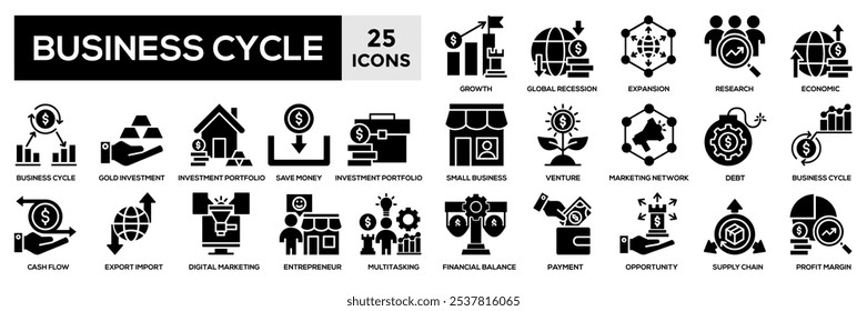 Geschäftszyklus-Symbol-Sammlung set.Containing Expansion, Rezession, Finanz-, Wirtschafts-, Investitions-, Wachstum-Symbol.Simple schwarze Füllung Vektorgrafik.