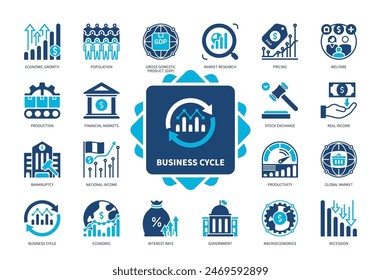 Business Cycle icon set. Population, Production, Welfare, Recession, Real Income, Economic, Economic Growth, Pricing. Duotone color solid icons