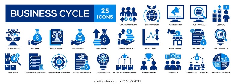 Business cycle icons set. Contains inflation, profitability, money management, strategic planning, volatility icons.