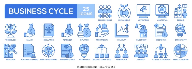 Business cycle icons set. Contains inflation, profitability, money management, strategic planning, volatility icons.
