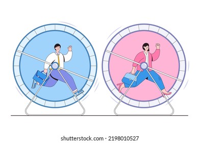 Business cycle, infinity routine job, desperate situation, never ending career path loop, dead end concepts. Frustrated businessman and businesswoman running inside hamster wheel and lost direction.