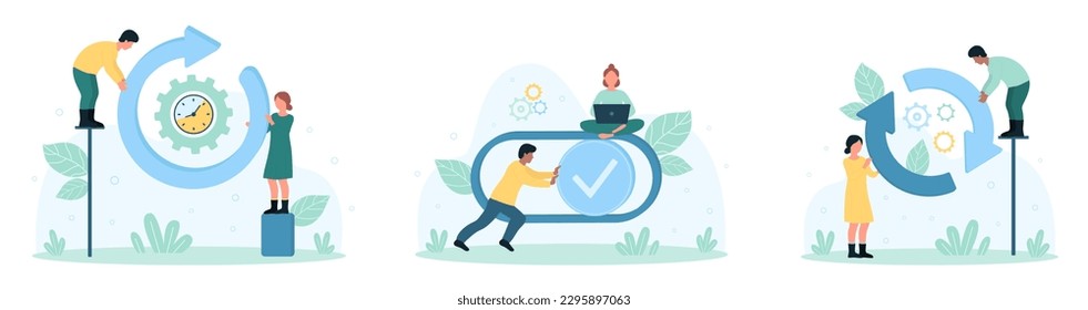 Business cycle, management set vector illustration. Cartoon tiny people reload system with circular arrow and renew process again, restart or update application and turn slider button with efforts