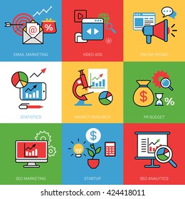 Business cycle startup process concept vector illustration set. Line art color style web banner image. Marketing Video ADS online promo statistics market research pr budget SEO analytics.