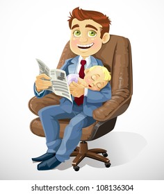 Business dad  with sleep baby  in an office chair and read business records