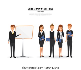 Business daily stand up meeting with white board. Vector illustration of scrum business meeting.