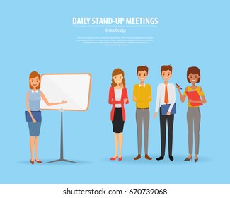 Business Daily Stand Up Meeting With White Board. Vector Illustration Of Scrum Business Meeting.