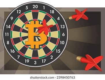 business dart board with bitcoin symbol on bulls-eye and darts aimed at the symbol with radiating background svg