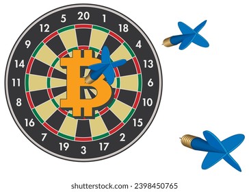 business dart board with bitcoin symbol on bulls-eye and darts aimed at the symbol with isolated on a white background svg