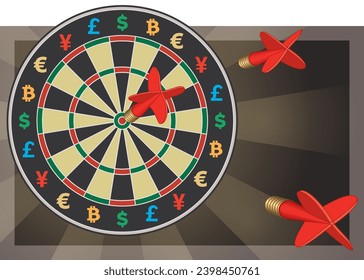 business dart board with different currency symbols and darts hitting bulls-eye with radiating background