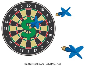 business dart board with dollar sign symbol on bulls-eye and darts aimed at the symbol isolated on a white background