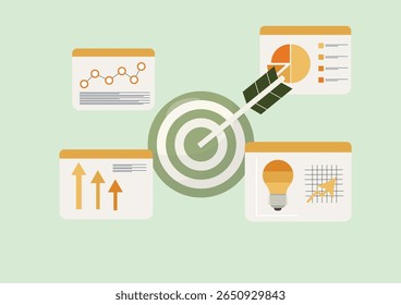 Business dashboard with analytics charts, pie graphs, growth arrows and light bulb around green target with arrow, representing strategic planning success for renewable energy. Vector illustration