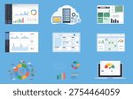 Business Dashboard Analytics, Cloud Data Management and KPI Performance Monitoring – Data Visualization and Web Interface Flat Vector Illustration Set