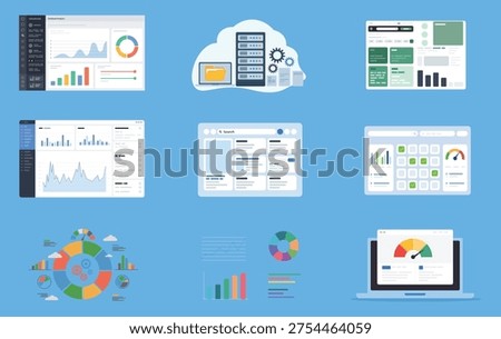 Business Dashboard Analytics, Cloud Data Management and KPI Performance Monitoring – Data Visualization and Web Interface Flat Vector Illustration Set